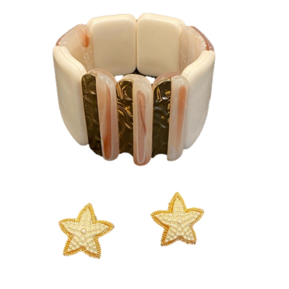 Vacation Vibe Gold tone Shell bracelet & faux pearl  starfish earrings bundle